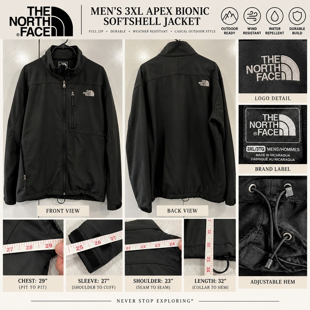 The North Face Mens 3XL Apex Bionic Softshell Jacket Black Full Zip AMVY T183